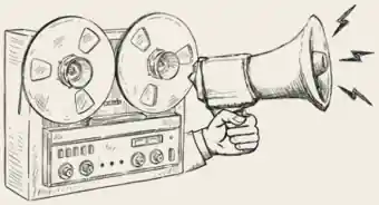 Ink drawing of a reel-to-reel recorder and a director’s megaphone
